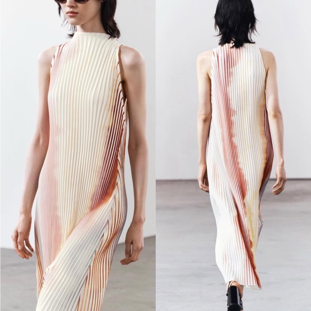 Zara Cream and Brown Pleated Maxi Dress
